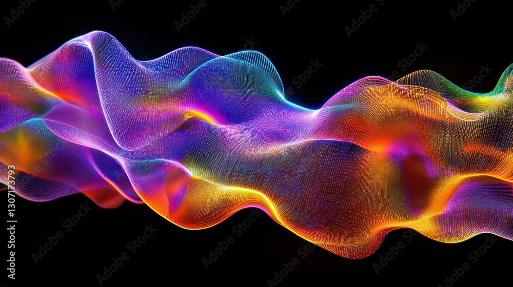 Poster colorful abstract wave forms flowing gracefully against a dark background, creating a dynamic visual