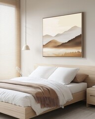 Japandi bedroom, warm beige, floating bed, wooden nightstands, linen roman blinds, pastel mountain painting, sunrise mist view