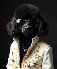 A black poodle wearing black sunglasses and a white jacket with gold stars on a dark background. Stylish
