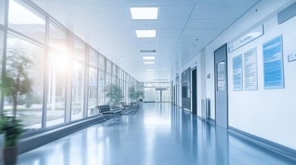 Obraz premium Bright and modern hospital corridor with panoramic windows and soft lighting. Spacious medical hallway with a light blue color palette, abstract blurred background, and ample copy space for healthcare