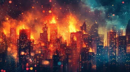 Obraz premium fire, line-art, macro, cityscape background, bright fire contrasting against the night skyline, soft smoke blending with the city lights.