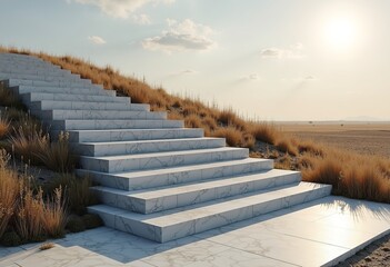 Fototapeta premium Marble Staircase in Nature's Embrace: A Striking Architectural Concept with Marble Steps Rising from an Empty Field, Ideal for Interior Design Inspiration and Art.