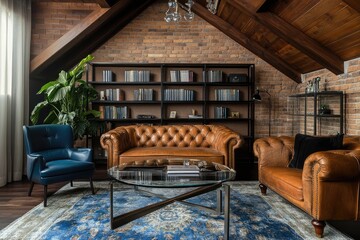 Fototapeta premium Private Loft Office with Bookcase. AI generated illustration.