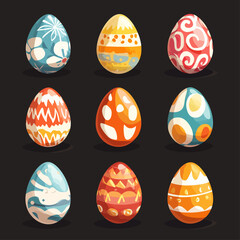 Colorful Easter eggs with unique patterns on a black background