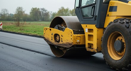 Yellow road roller compacting asphalt - infrastructure development - construction industry visuals
