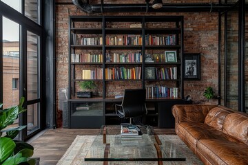 Fototapeta premium Private Loft Office with Bookcase. AI generated illustration.