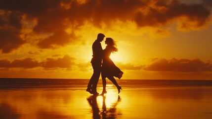 Silhouette of a couple dancing on the beach at sunset, warm golden light, joyful and romantic vibe, ultra-detailed, high definition, 4K.
