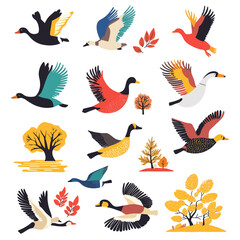 Colorful Ducks Flying Around Trees - Vector Illustration on White BG