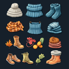 Winter Clothing and Accessories Illustration with Boots, Scarves, and Hats