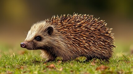 Hedgehog Walking in Autumn Grass