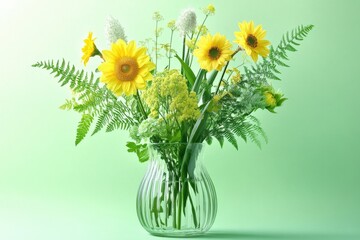 Sunflowers and greenery in a glass vase on light green background