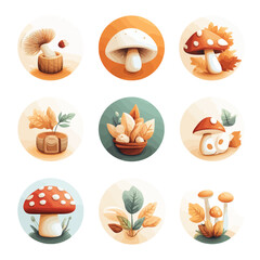 Whimsical Mushroom Icons: Autumnal Fungi, Rounded Designs, Nature Elements