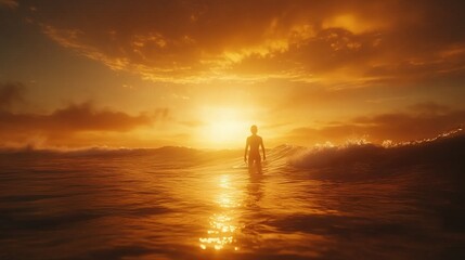Fototapeta premium Silhouette of a surfer catching the last wave of the day, vibrant sunset sky, golden light reflecting off the water, adventurous and serene vibe, ultra-realistic, high definition.