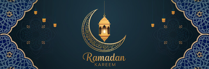 Luxury Ramadan Kareem Design with a Glowing Golden Lantern Suspended in a Crescent Moon Surrounded by Ornate Islamic Patterns Elegant Arabic Calligraphy and Decorative Elements Reflecting the Ramadan