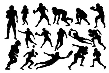 Set of American Football players silhouette on the field. Black and white Vector Illustration