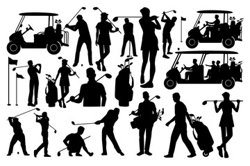 Set of golfer sports silhouette. Black and white Vector Illustration