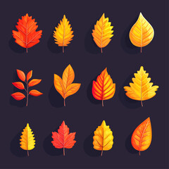 Autumn Leaves Assortment in Warm Tones on Dark Background, Fall Season Decor