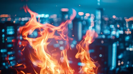 fire, line-art, macro, cityscape background, bright fire contrasting against the night skyline, soft smoke blending with the city lights.