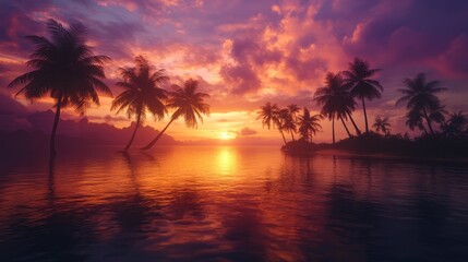 Obraz premium Silhouette of palm trees against a dramatic sunset sky, vibrant orange and purple hues reflecting on the water, peaceful tropical scene, ultra-realistic, 4K.