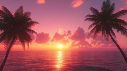 Silhouette of palm trees against a vibrant pink and orange sunset sky, calm ocean in the background, tropical and serene scene, ultra-realistic, 4K.