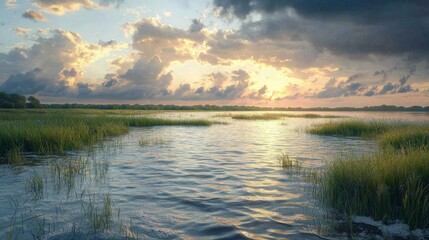 Fototapeta premium A serene landscape featuring a tranquil water body surrounded by lush greenery under a dramatic sky filled with clouds at sunset.