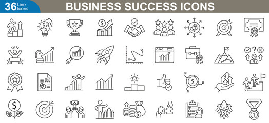 Business success icons set. Growth, strategic planning, leadership, financial achievement, teamwork, innovation, marketing, risk management, development and more. vector illustration