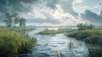 Obraz premium A serene landscape featuring a winding river, lush greenery, and dramatic clouds reflecting a tranquil atmosphere.