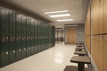Side View of New Locker Room Interior. AI generated illustration.