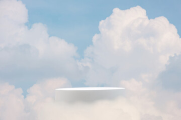 Minimal geometry cylinder podium stage with blue sky white fluffy clouds background.product...