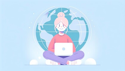 An illustration of a cheerful young person sitting cross-legged with a laptop