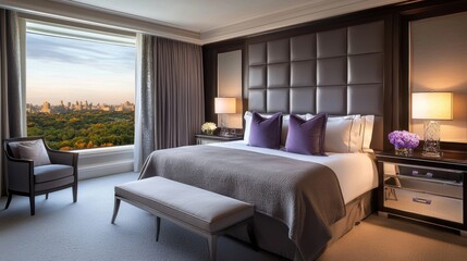Fototapeta premium Modern neoclassical bedroom, dark chocolate walls, gray lavender satin bedding, high padded headboard, soft lighting, park view at sunset