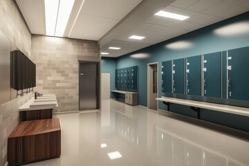 Side View of New Locker Room Interior. AI generated illustration.