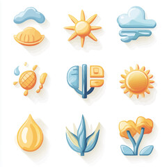 Weather and Nature Cartoon Icons Collection featuring Sun Rain Cloud Plants