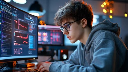 Young man engaged in coding and data analysis on computer screens, showcasing technology in modern office workspace with focused programming efforts. - Powered by Adobe
