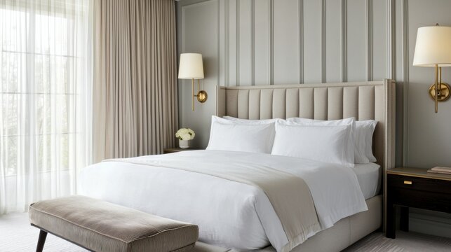 Modern neoclassical bedroom, pearl gray walls, plush bed, brass sconces, sculptural neutral wall panel, long sheer curtains, soft lighting