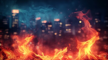 fire, line-art, macro, cityscape background, bright fire contrasting against the night skyline, soft smoke blending with the city lights.