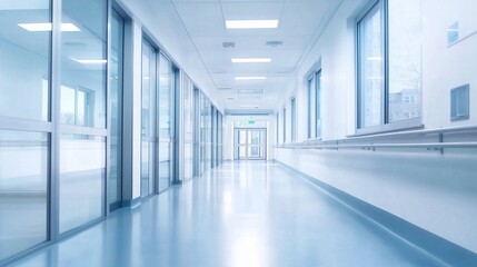 Bright and modern hospital corridor with panoramic windows and soft lighting. Spacious medical hallway with a light blue color palette, abstract blurred background, and ample copy space for healthcare