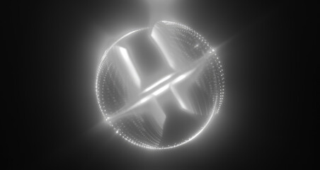 A futuristic black and white glowing sphere made of intricate light lines, floating in a dark, mysterious background, symbolizing technology and digital abstraction