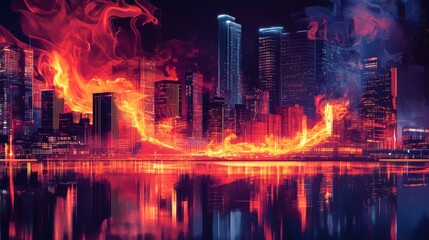 Fototapeta premium fire, line-art, macro, cityscape background, bright fire contrasting against the night skyline, soft smoke blending with the city lights.