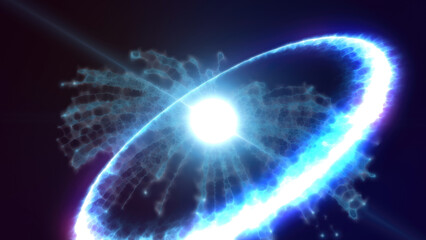 Bright white energy ring with electric texture on a blue gradient background. Futuristic and abstract digital art concept