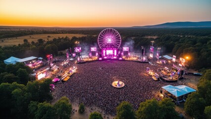 Aerial View of a Vibrant Outdoor Music Festival at Sunset Featuring a Ferris Wheel and Crowds