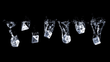 Flash photography of a lot of D&D dices dropped in water with frozen motion. Great to illustrating role playing and game nights.
