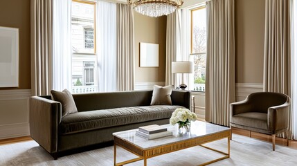 Neoclassical living room, caramel walls, plush olive gray velvet sofa, marble coffee table, sheer curtains, gold chandelier, warm lighting, elegant space