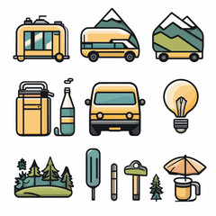 Camping Adventure with Yellow RV, Mountain Views, and Outdoor Essentials