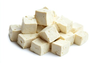 Fried tofu cubes isolated on white background 
