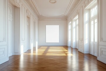 Obraz premium Spacious empty hall with blank white poster. AI generated illustration.