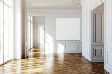 Fototapeta premium Spacious empty hall with blank white poster. AI generated illustration.