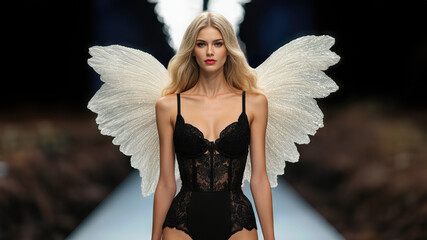 Stunning Fashion Runway Model in Stylish Black Lace Outfit With Dramatic Angel Wings