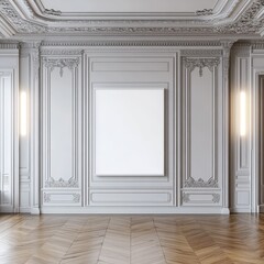 Spacious empty hall with blank white poster. AI generated illustration.