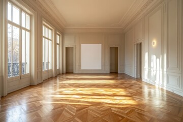 Fototapeta premium Spacious empty hall with blank white poster. AI generated illustration.